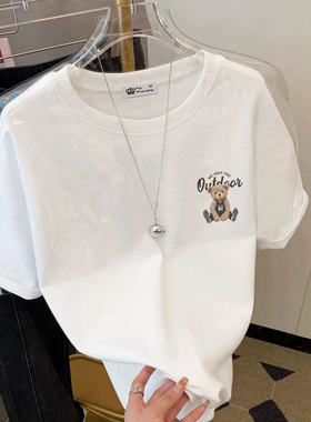 前后印花上衣棉2026新款夏季韩版球服小熊大版宽松白色t恤女短袖