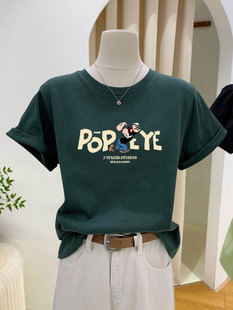 字母黑绿色t恤女短袖2025新款夏季美式卡通大力水手宽松显瘦上衣