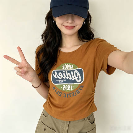短袖T恤女2026年夏季新款字母印花露背收腰显瘦薄款透气套头上衣