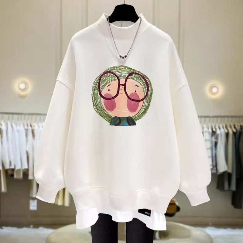 大眼镜卡通半高领卫衣女2025春秋冬加绒加厚假两件中长款遮屁股潮,女装/女士精品,卫衣/绒衫,淘宝优惠券,粉丝福利购,淘宝优惠卷
