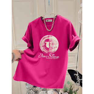 2026新款夏季韩版火龙果红色上衣小众设计感大版宽松短袖t恤女潮