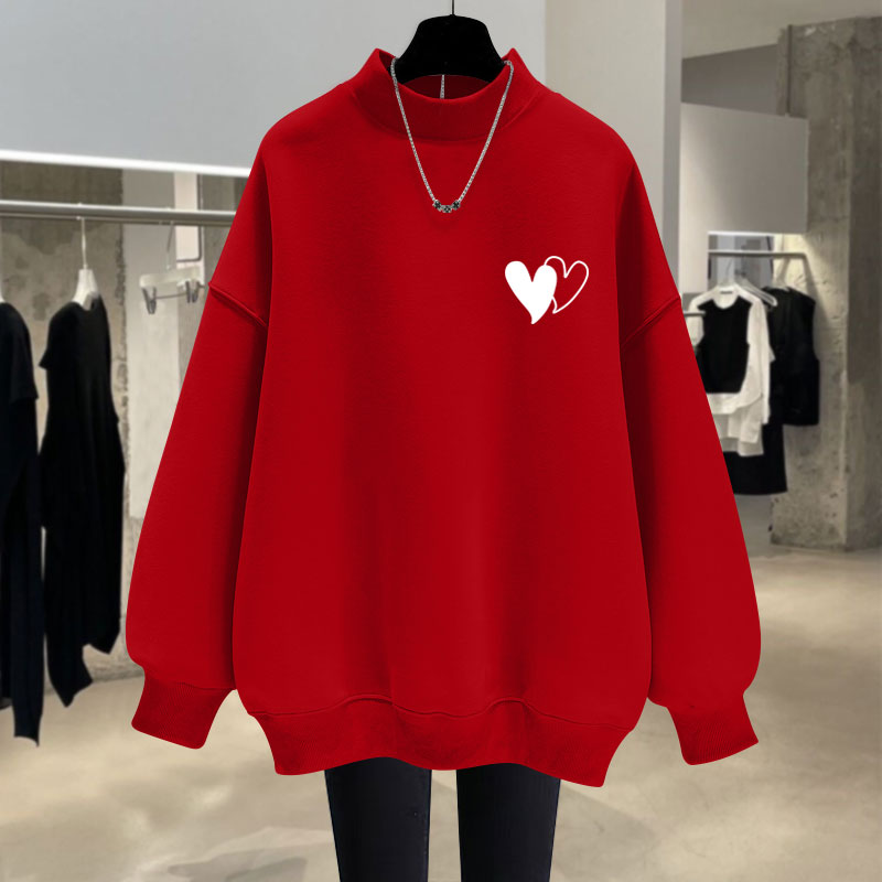 红色宽松半高领爱心套头