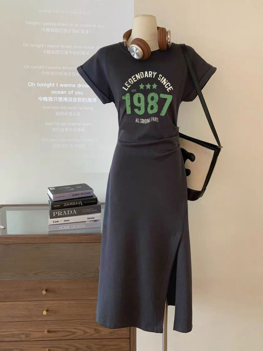 连衣裙开叉修身宽松美式