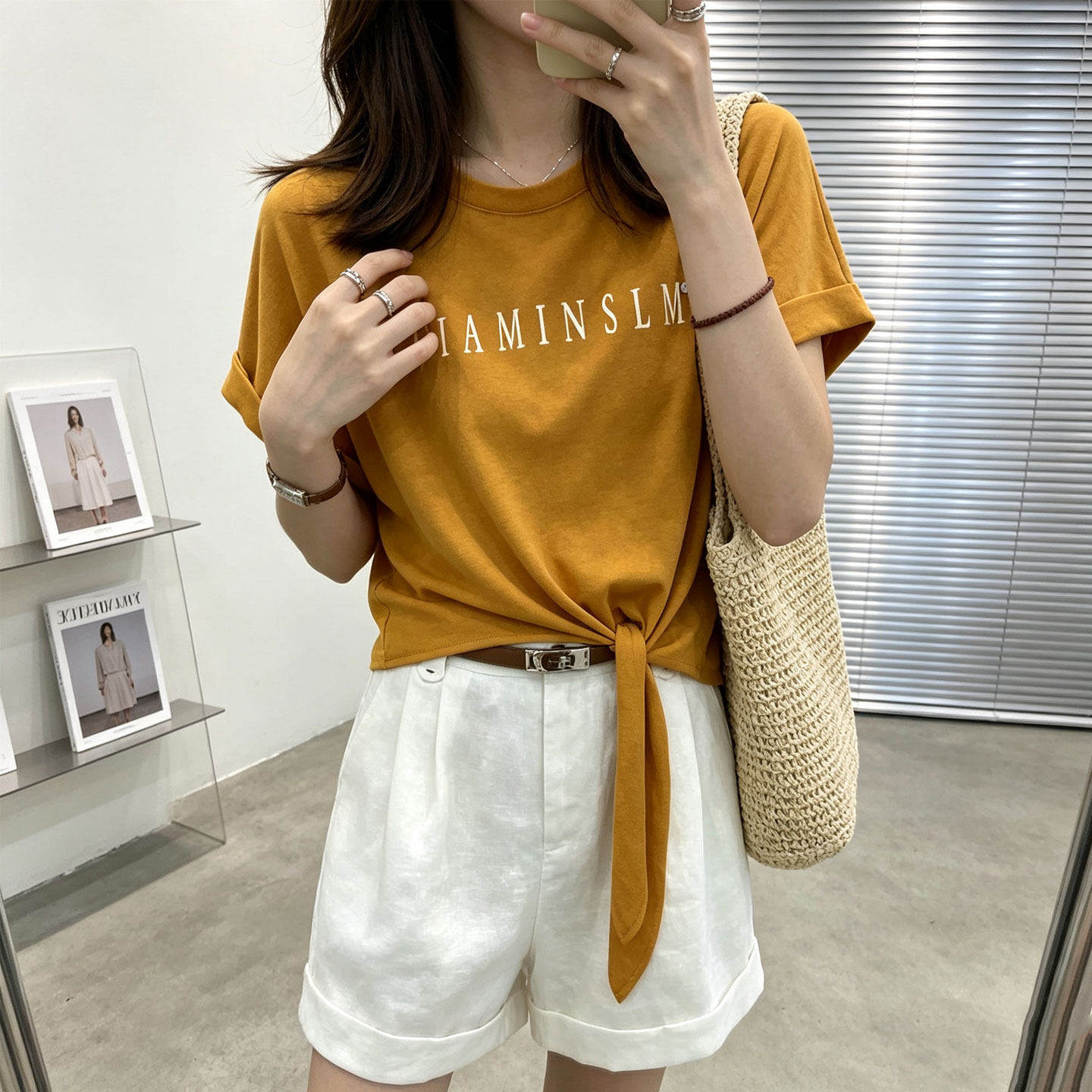 桔色绑带t恤女短袖2026新款夏季韩国版字母印花宽松收腰上衣短款