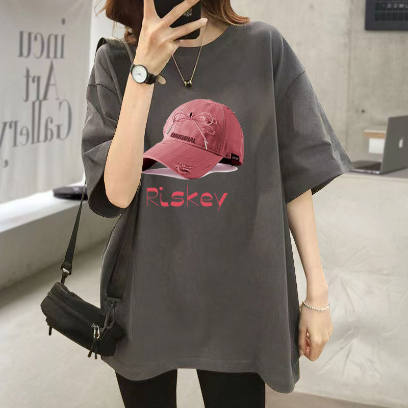 2026新款夏季韩版粉色帽子印花大版宽松纯棉灰色短袖t恤女中长款
