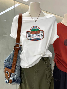 一字领短袖T恤女2026年新款韩版卡通印花设计感小众宽松显瘦上衣