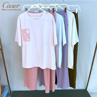 caser凯撒女士圆领森格全棉笑脸印花短袖睡衣家居服套装BM01-F801