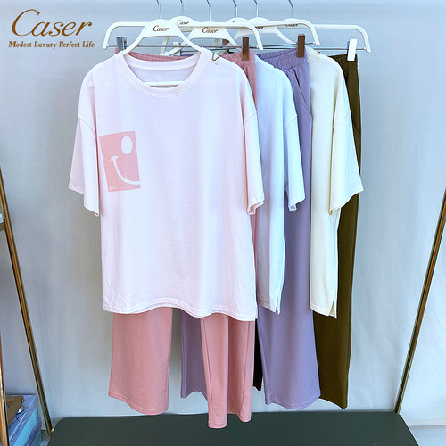 caser凯撒女士圆领森格全棉笑脸印花短袖睡衣家居服套装BM01-F801