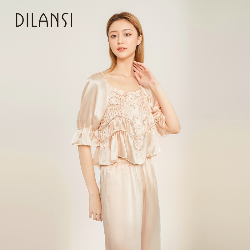 狄兰丝重磅法式宫廷风真丝睡衣套装女新款100%桑蚕丝两件套家居服