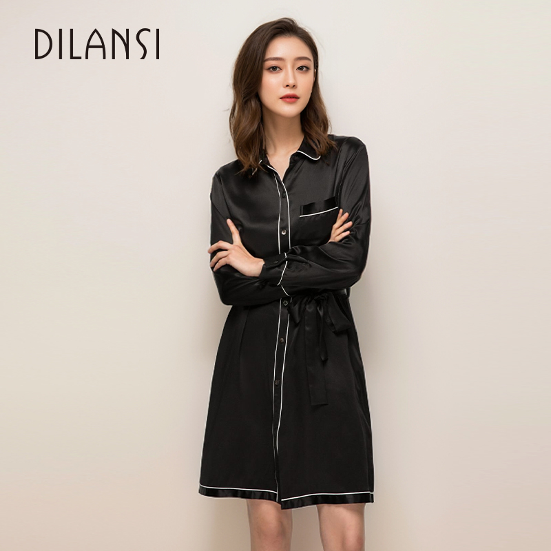 狄兰丝真丝睡裙春秋新款刺绣长袖中长裙睡衣女桑蚕丝家居服可外穿