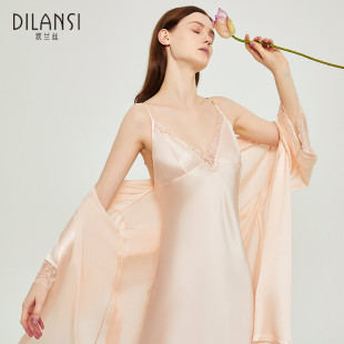 狄兰丝真丝睡袍女100%桑蚕丝吊带浴袍两件套装睡裙性感家居服睡衣