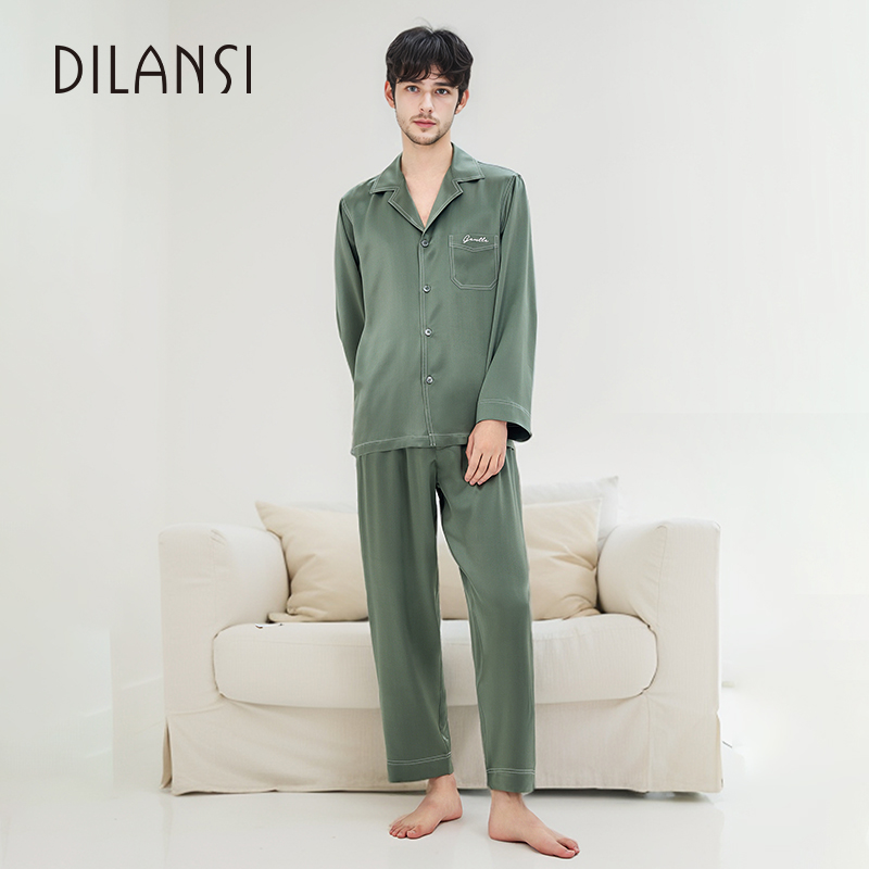 狄兰丝19姆米超柔软真丝睡衣男两件套100%桑蚕丝家居服套装秋冬款
