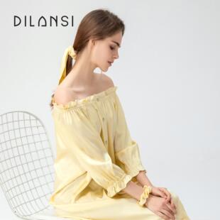 狄兰丝真丝睡衣女秋睡裙6A级100%桑蚕丝绸家居服自由调节松紧领口