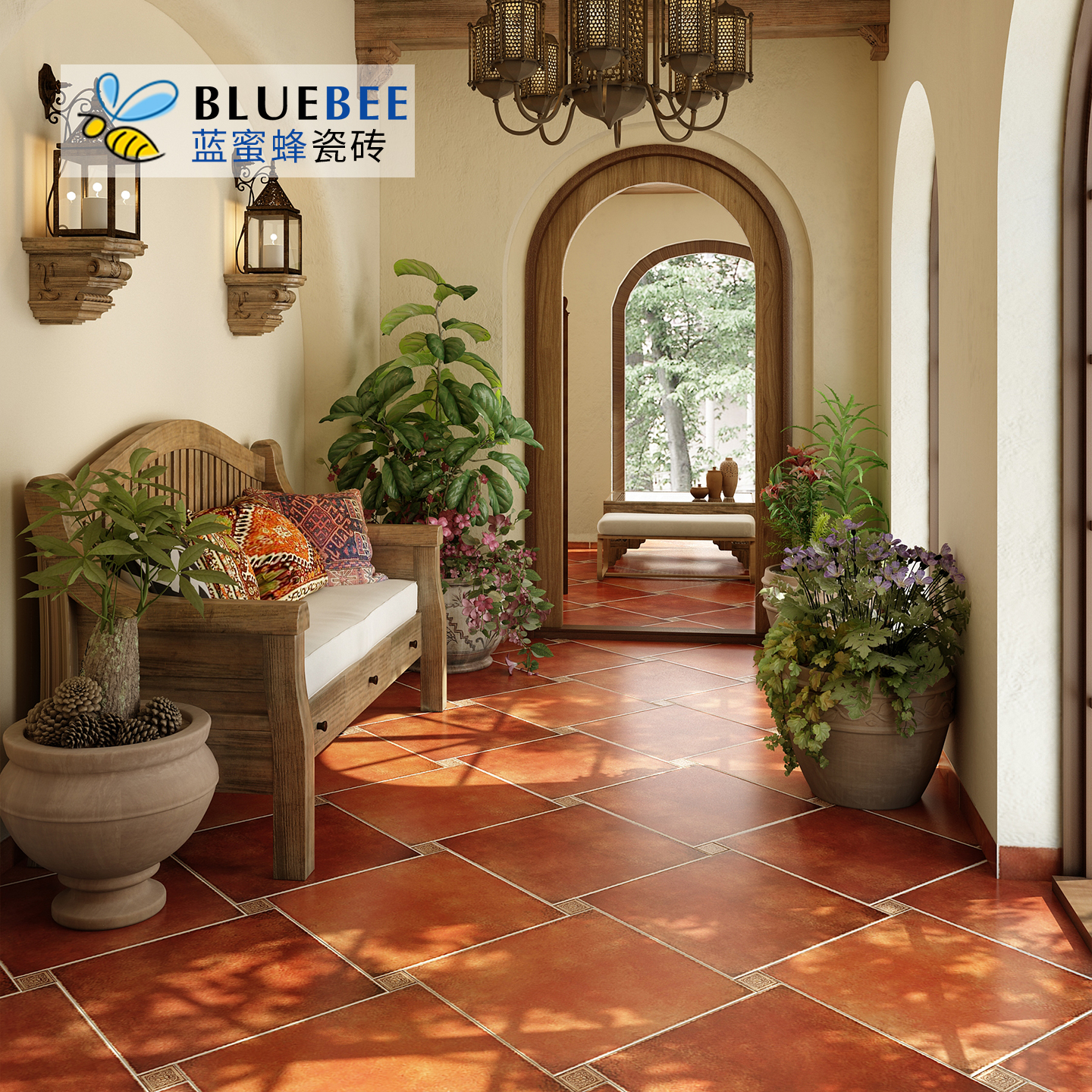 美式田园风跳色客厅复古地砖600