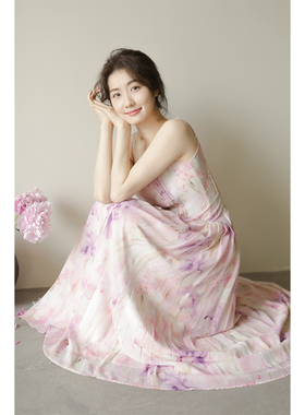 apa studio少女诗集法式小众海边度假沙滩裙粉色吊带碎花连衣裙女