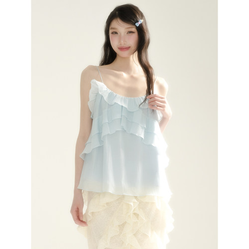 apa studio【蓝雪草】法式甜美蓝色吊带小背心夏季无袖荷叶边上衣