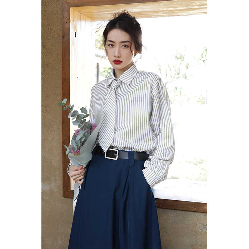 apa studio秋系列 条纹领带长袖衬衫女秋季新款法式复古气质上衣