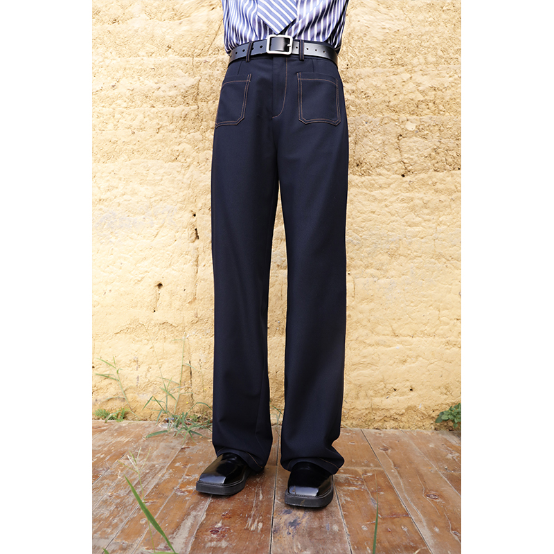 apa studio藏蓝色显瘦直筒阔腿牛仔裤女春秋新款宽松休闲工装裤子