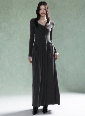 apa studio/甜心玩家/秋冬季灰灰绒针织裙毛边收腰长款大衣打底裙