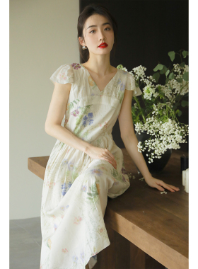 apa studio莫奈花园V领裙子夏季休闲中长款度假风吊带印花连衣裙