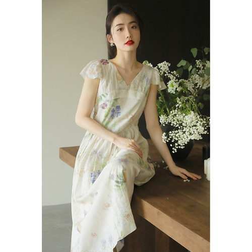 apa studio莫奈花园V领裙子夏季休闲中长款度假风吊带印花连衣裙