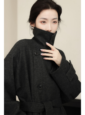 apa studio黑色赫本风中长款高领羊毛大衣女秋冬新款高个子外套女