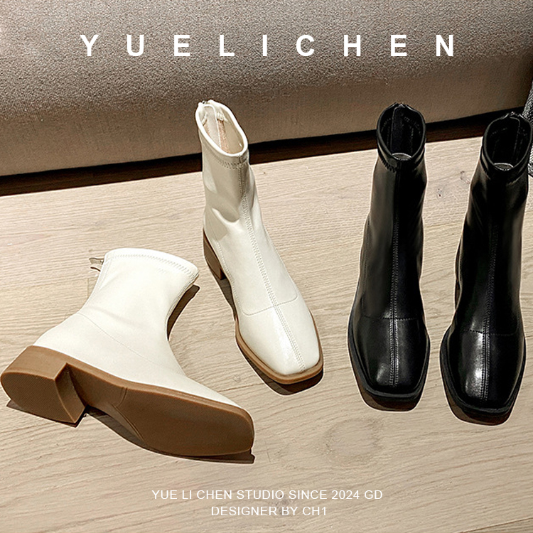 韩版秋冬新款网红同款短靴女软皮高跟软底平底显瘦黑色马丁靴女靴