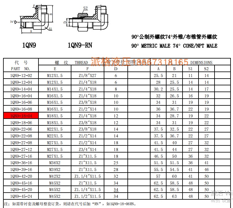 厂家直销液压卡套接头1QN9接头90°公制外螺纹74°外锥/布锥管外