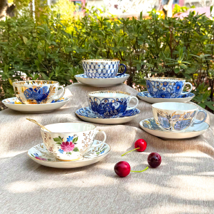 lomonosov俄罗斯进口俄皇钴蓝金色花园凤凰鸟250ml咖啡茶杯碟手绘