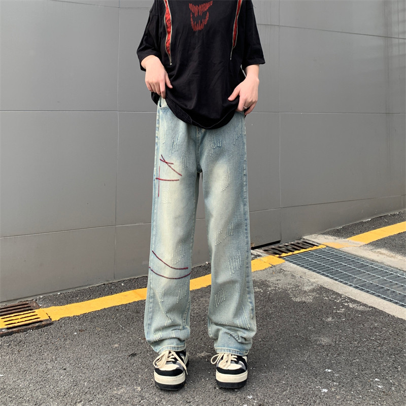 美式复古刺绣刮烂做旧牛仔裤男款春秋季高街百搭宽松直筒休闲裤子