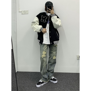 水洗做旧破洞牛仔裤 宽松百搭休闲裤 男款 春秋季 高街痞帅直筒裤 美式