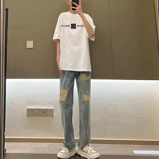 男款 阔腿裤 美式 春秋季 高街vibe百搭休闲裤 复古破洞贴布直筒牛仔裤