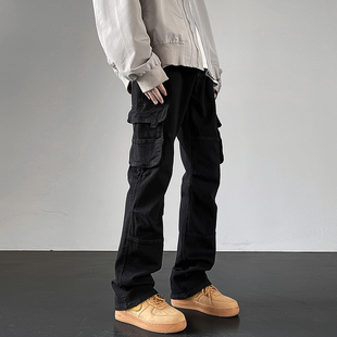 牛仔裤 休闲长裤 男款 高街vibe潮牌多口袋宽松直筒修身 美式 黑色工装