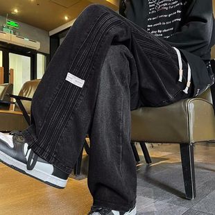 直筒拖地长裤 宽松港风学生潮流百搭休闲裤 男款 复古垂感条纹牛仔裤