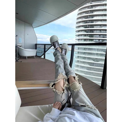 破洞牛仔裤男款夏季薄款修身直筒长裤美式乞丐裤子高街vibe微喇裤