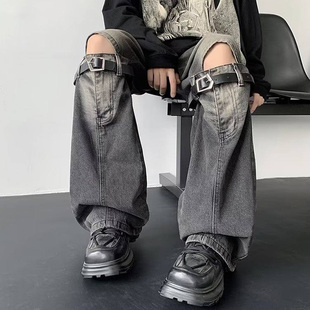 美式高街潮牌破洞牛仔裤男款亚比风工装裤子设计感高级直筒微喇裤