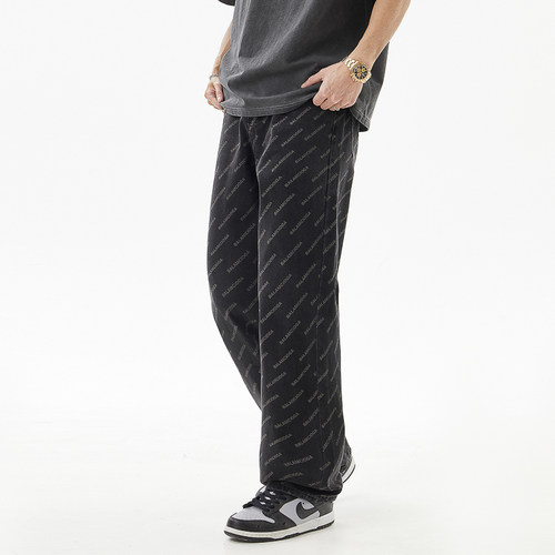 美式垂感高端潮牌印花阔腿牛仔裤男款嘻哈痞帅直筒宽松休闲长裤子