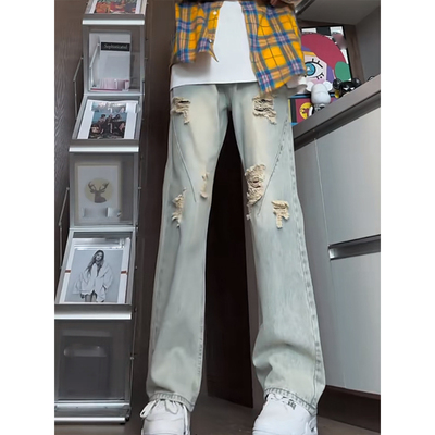 美式复古破洞牛仔裤男款高街vibe潮流裤子春秋季提裆微喇直筒长裤