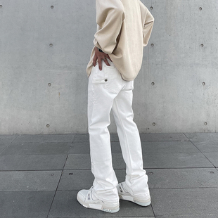 美式高街vibe风基础款白色休闲牛仔裤男ins潮牌直筒微喇堆积裤子