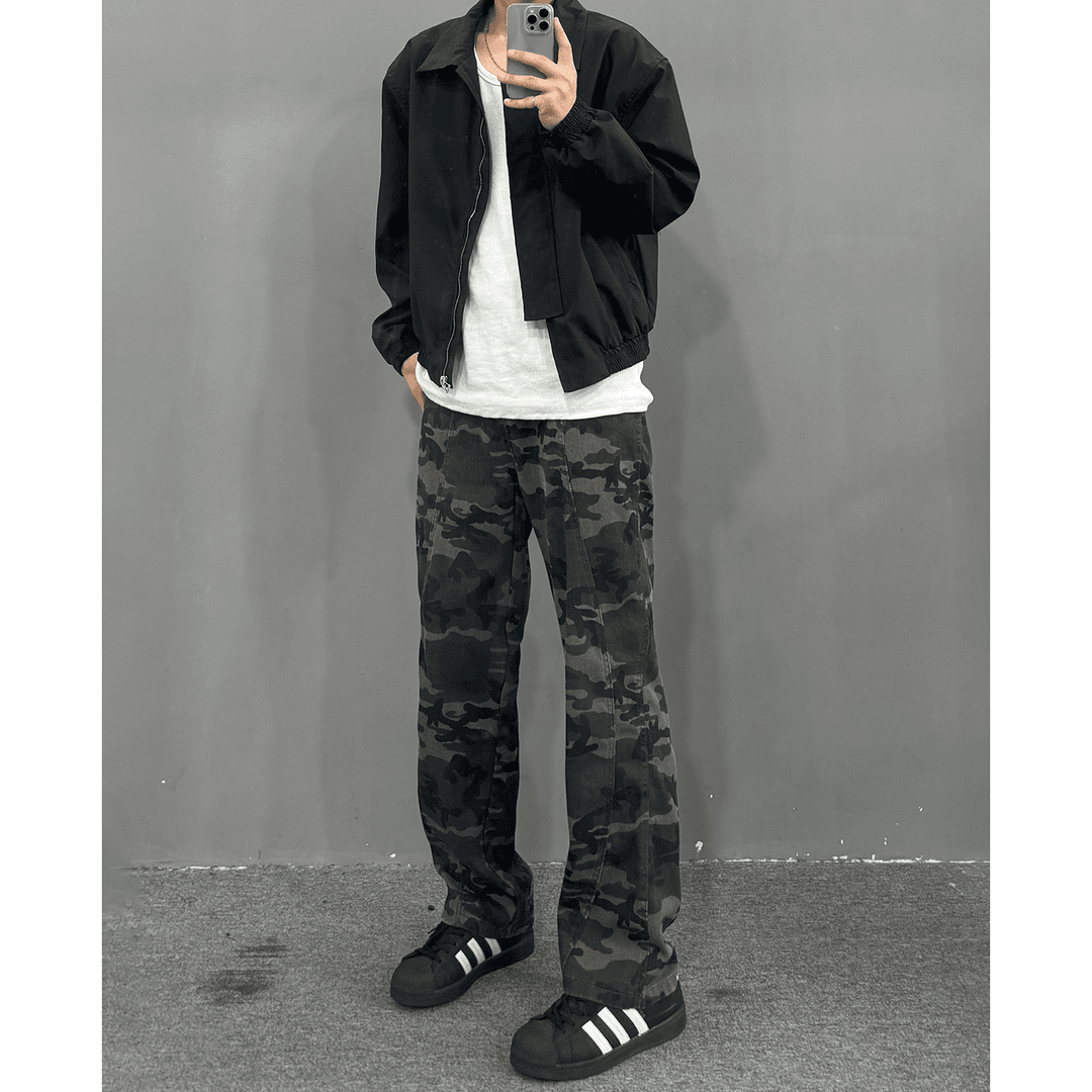 高街直筒迷彩军绿色工装牛仔裤男美式复古宽松解构伐木阔腿裤子