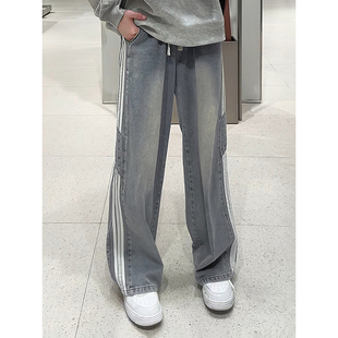 春秋季侧边条纹牛仔裤男款美式复古三条杠裤子宽松直筒阔腿休闲裤