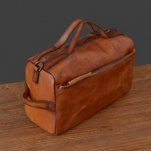 二十四街复古擦色高质感植鞣牛皮短途旅行袋真皮个性通勤斜挎大包