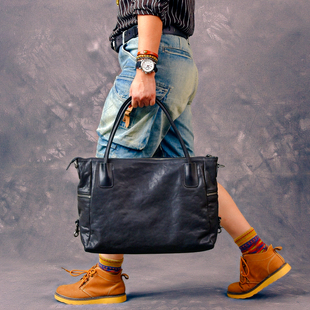 二十四街复古植鞣牛皮大号商务手提包潮真皮多功能斜挎休闲公文包