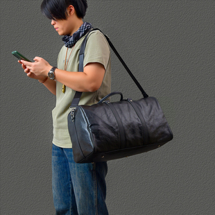 二十四街 经典头层牛皮男士大容量旅行袋真皮质感手拎斜挎机车包