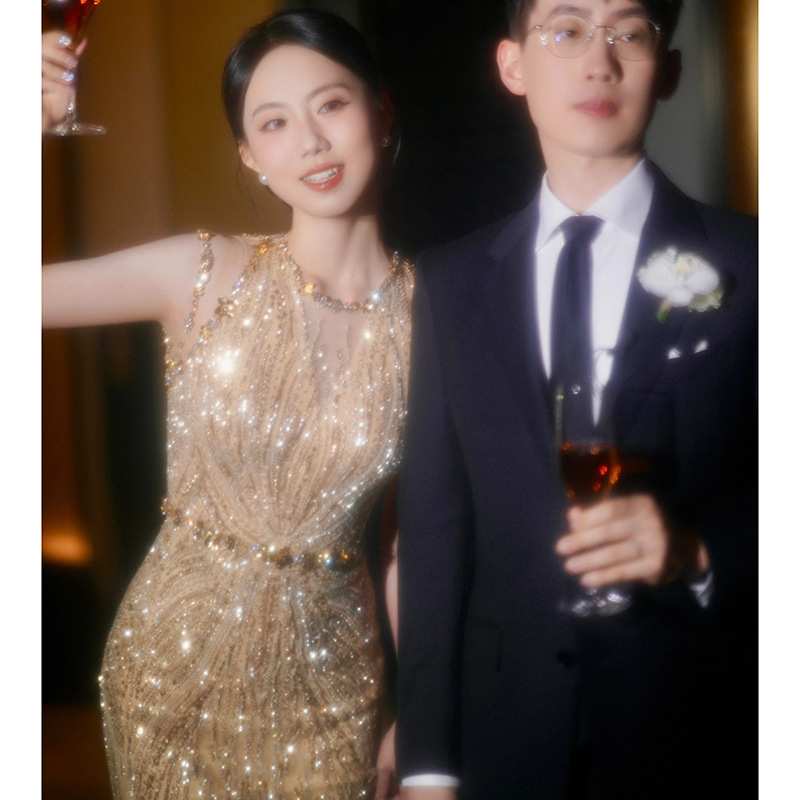 金色名利场老钱风重工敬酒服宴会复古气质名媛小众订婚鱼尾晚礼服