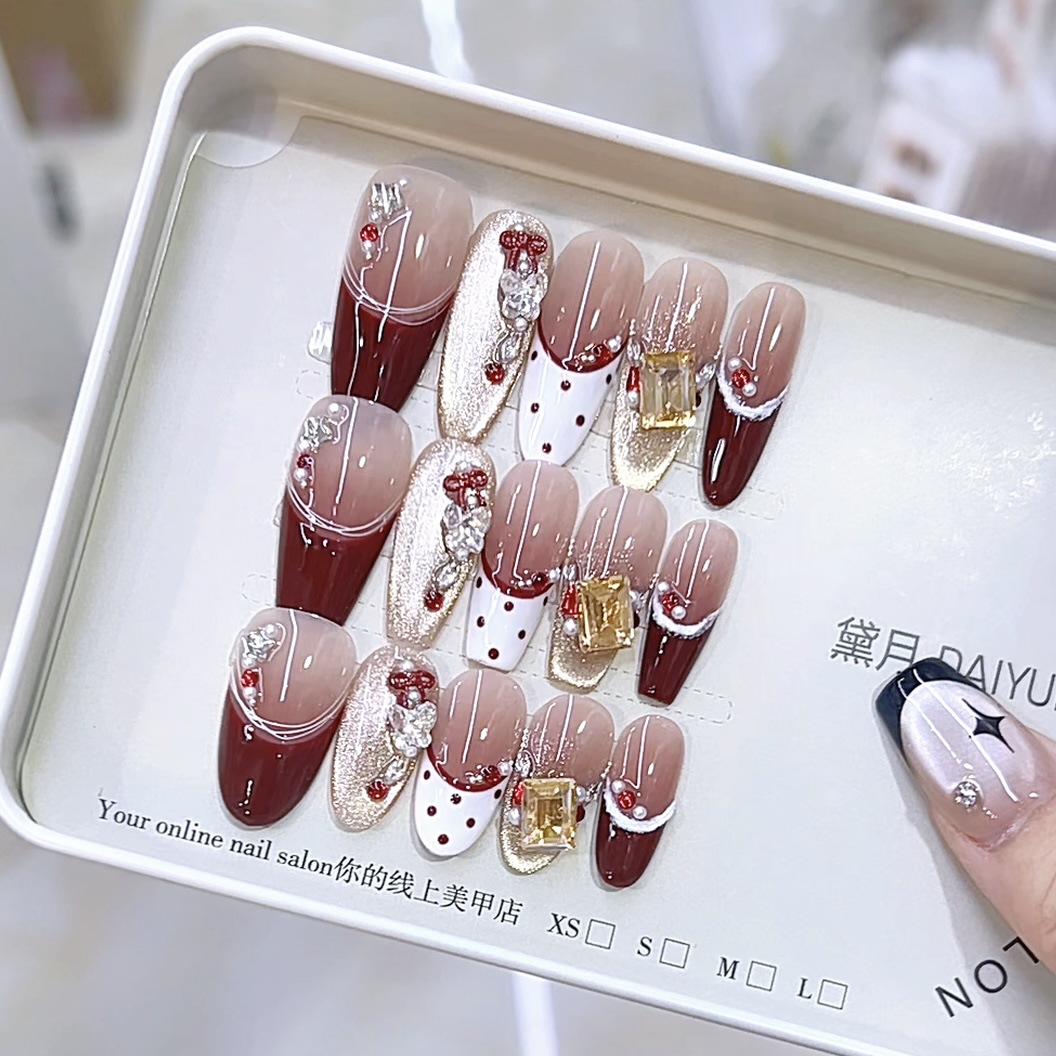 奈姿 纯手工穿戴甲秋冬新款D079手绘追光法式气质猫眼款美甲贴片