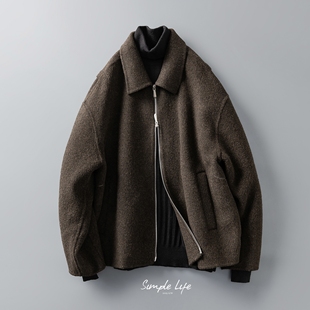 老钱风牦牛绒羊毛混纺短款 BOXY宽松翻领毛呢大衣 双面呢夹克男冬季