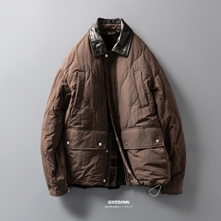 老钱风真皮拼接翻领绗缝猎装羽绒服男冬季宽松阔版白鸭绒工装外套