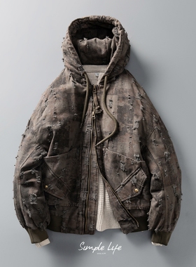 ARCHIVE做旧磨破迷彩连帽羽绒服男 冬季重磅宽松廓形鸭绒工装外套