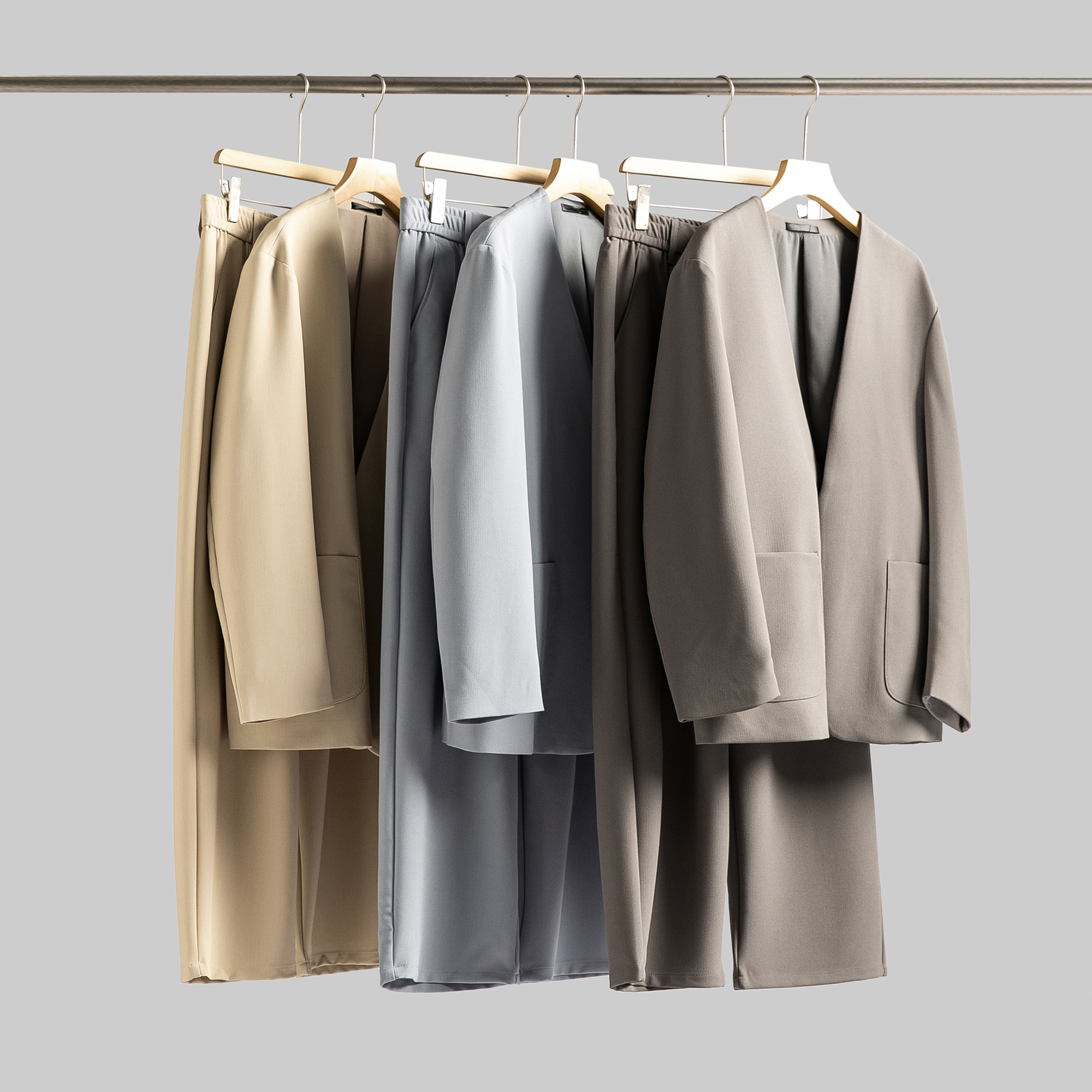 老钱风极简无领西装压褶西裤套装